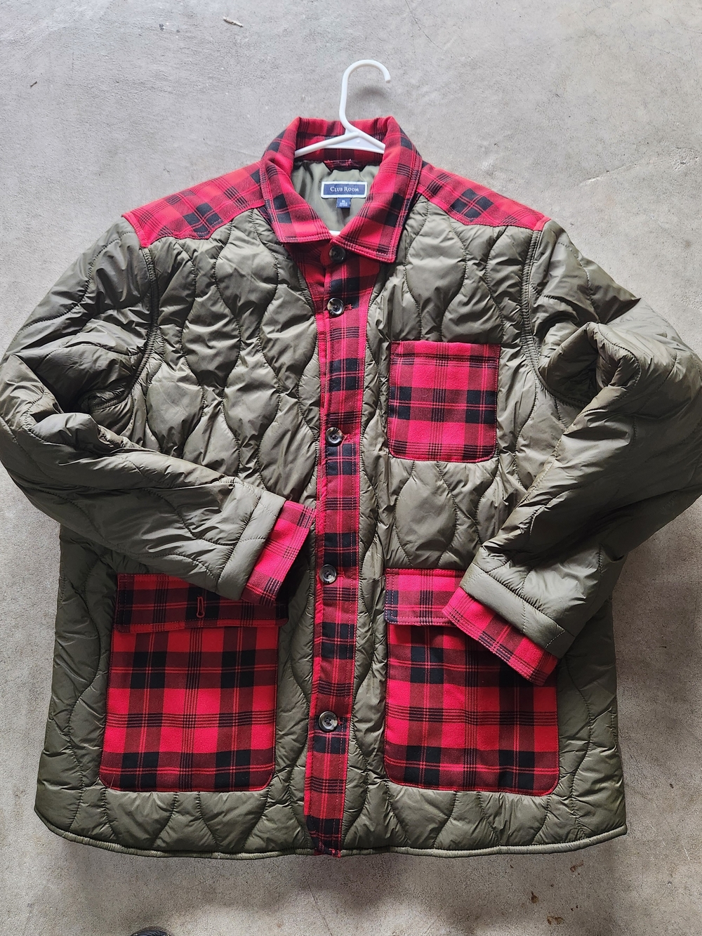 Club Room Olive Quilted Jacket with Red Plaid Trim